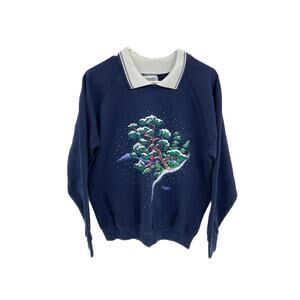 Vintage Morning Sun Cardinals Snow Dark Blue Collared Printed Sweatshirt Size XL